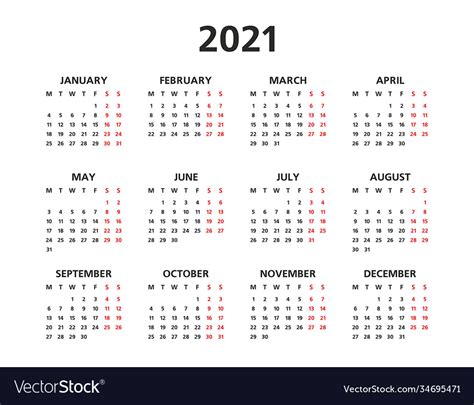 2021 Yearly Calendar Royalty Free Vector Image