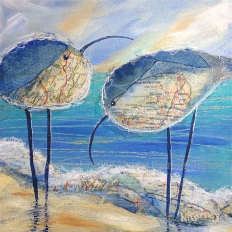 Two Blue Sea Urchins Are Standing In The Sand By The Ocean With A Map