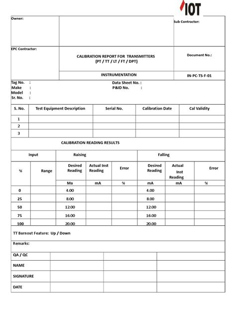 Calibration Format Report Instrumentation Calibration