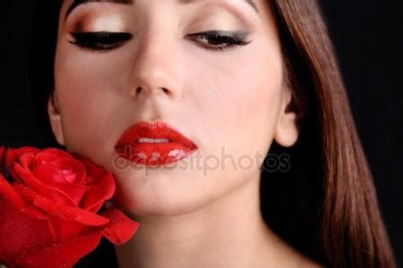 Girl With Red Lips And Rose On Dark Background Stock Photo By