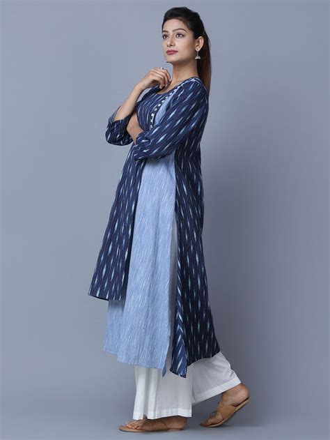 Blue Cotton Ikat Asymmetric Kurta In 2020 Ikat Dress Kurti Designs