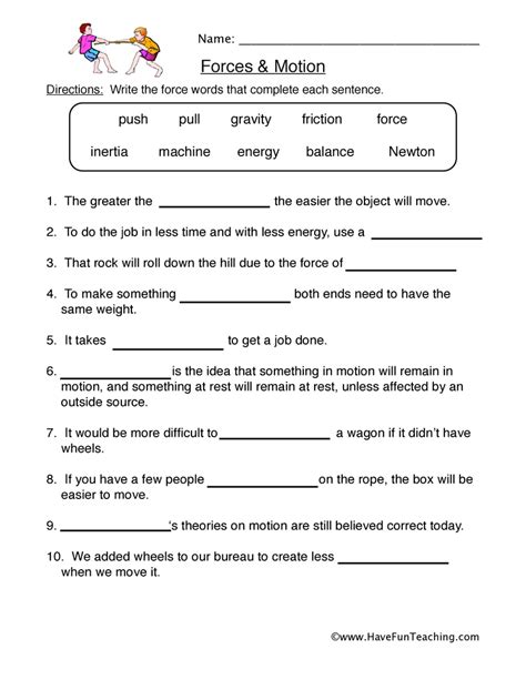 Force And Motion Free Printable Worksheets