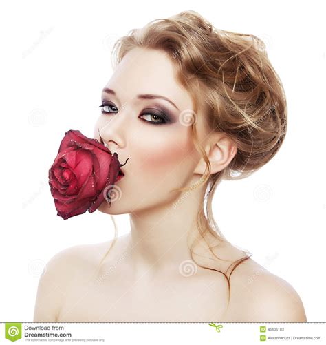 Cute Woman With Red Rose In Mouth Stock Image Image Of Romance Close