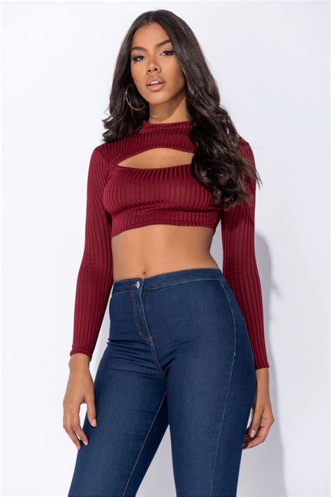 Only difference is, it ends just above your mid section. Wholesale Wine Cut Out Front Rib Knit Long Sleeve Crop Top ...