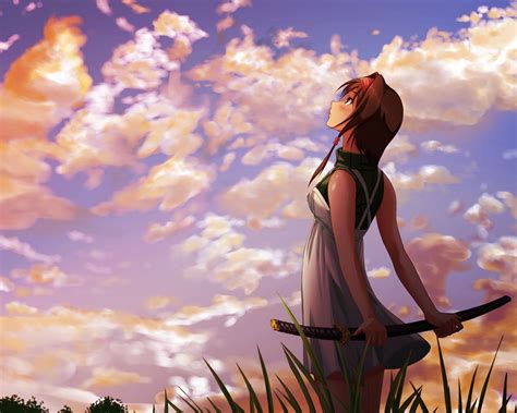 Anime Girl Look At Sky Katana Clouds Sunset 1080x1920 Iphone 876