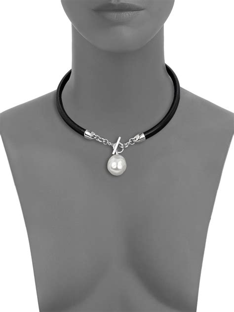 Majorica 16mm White Pearl Leather Necklace In Black Pearl Lyst