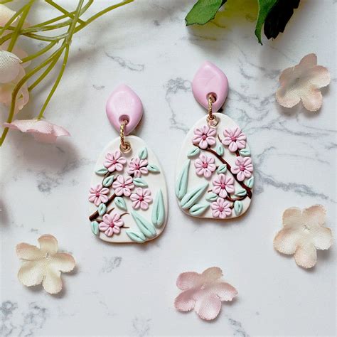 Pink Cherry Blossom Statement Dangle Stud Earrings Flower Etsy In