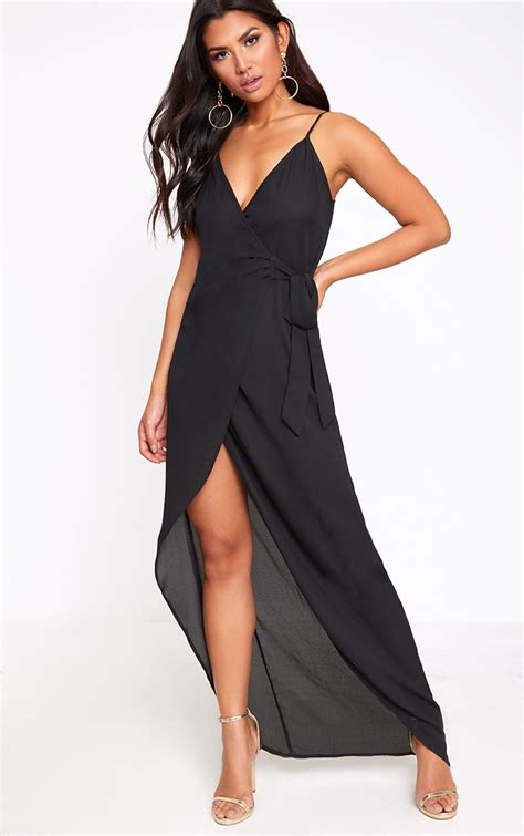 Black Strappy Wrap Over Maxi Dress Prettylittlething Ca