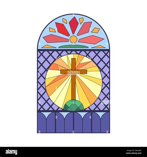 Stained Glass Round Arch Window Christian Cross And Sunrise Mosaic