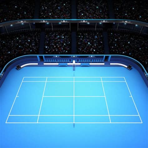 Blue Tennis Court And Stadium Full Of Spectators From Upper View Stock