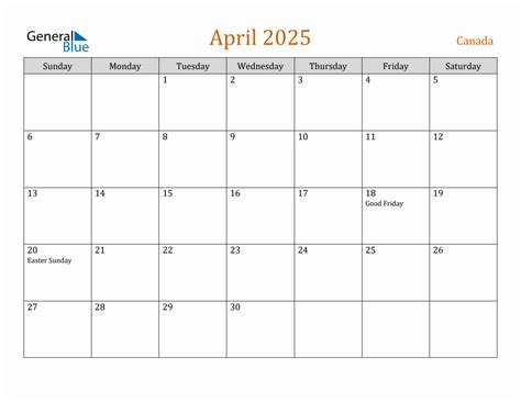 Free April 2025 Canada Calendar