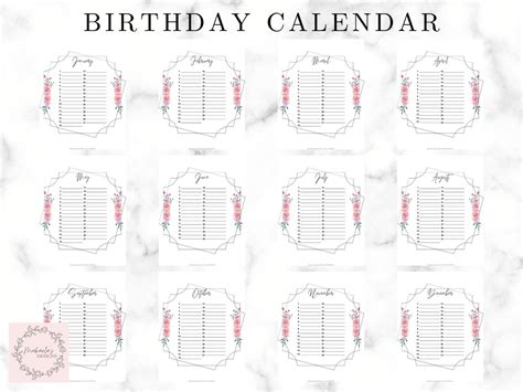 Printable Birthday Calendar Annual Calendar Pink Floral Calendar