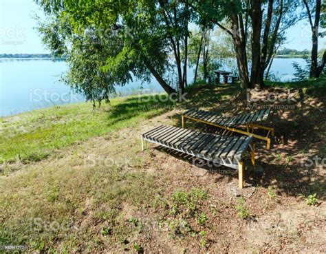 Сamping Pitch On Summer Lake Calm Beach Stock Photo Download Image