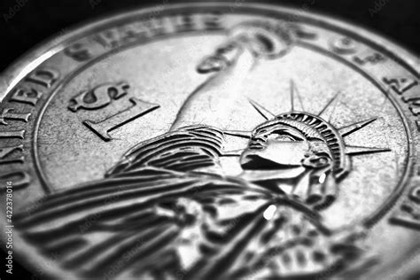 Us One Dollar Coin Close Up Dark Dramatic Black And White Illustration