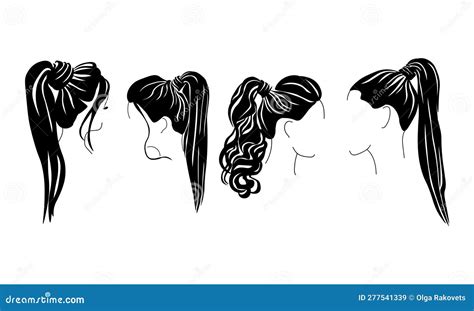 Ponytail Hairstyle For Long Hair Set Of Silhouettes Stylish Styling
