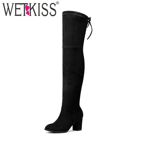 buy wetkiss women boots fashion over the knee stretch boots flock round toe