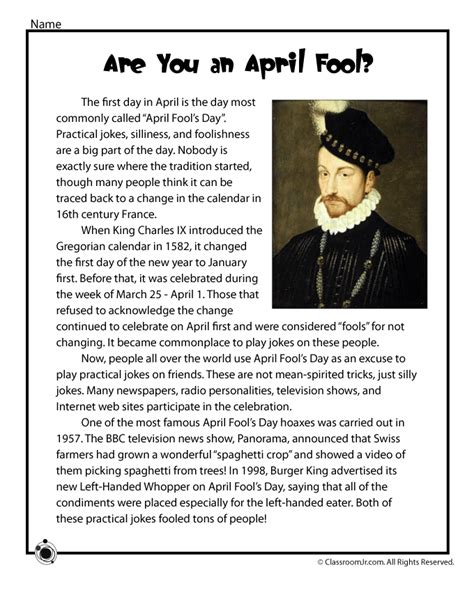 The History of April Fools Day Printable Reading Assignment | Woo! Jr