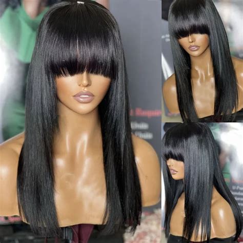 Natural Black Silky Straight 180density Machine Wig With Bangs For