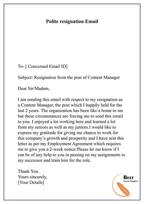 Polite Resignation Email 01 Best Letter Template