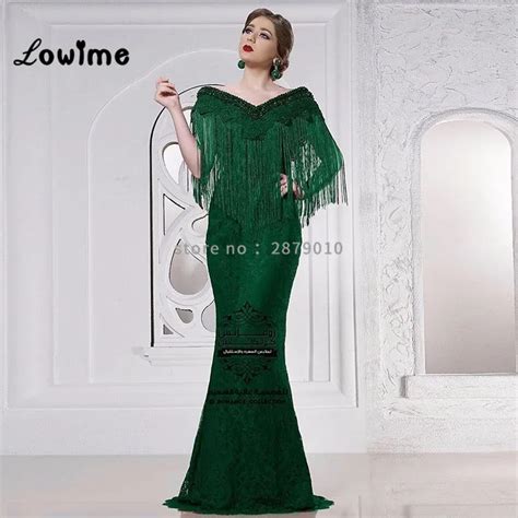 muslim long emerald green lace mermaid formal evening party dress tassel turkish arabic prom