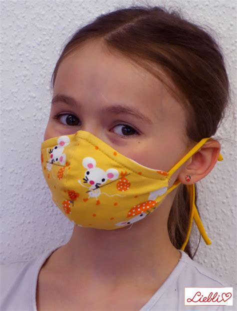 Kindermaske Kinder Mundschutz Mund Nasen Maske Mäuse Gelb Liebli