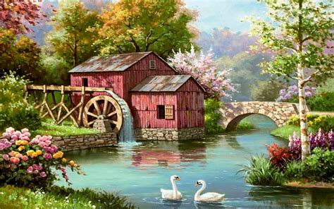 Watermill Bridge Painting River Trees Swans Hd Wallpaper Peakpx