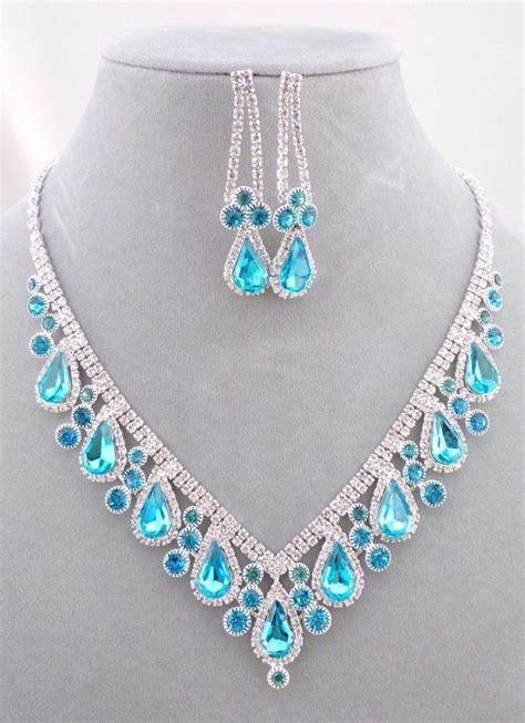 Silver With Aqua Blue Crystal Rhinestone Necklace Set Tear Fashion