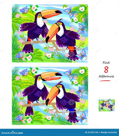 Find 8 Differences Illustration Of Toucans In The Jungle Logic Puzzle