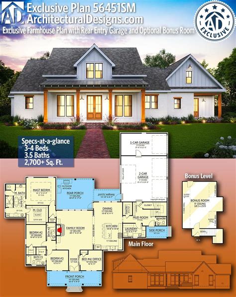 Plan 56451sm Exclusive Farmhouse Plan With Rear Entry Garage And