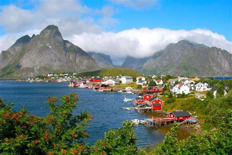 Norway Mountain River Nordland Moskenes Clouds Town Hd