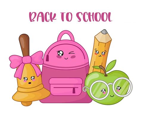 Set Of Kawaii School Supplies Back To School Concept Vector Premium