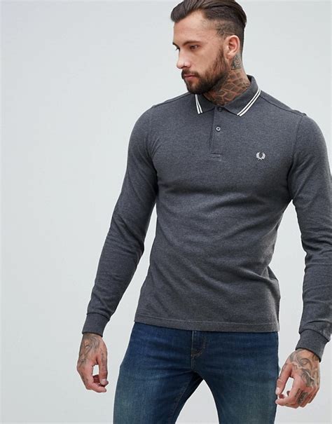 Fred Perry Slim Fit Long Sleeve Tipped Polo In Charcoal Asos