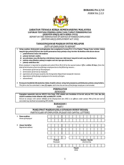 Jabatan tenaga kerja semenanjung malaysia borang permohonan pengambilan penggantian pekerja asing (pgpa). Borang Pa217613 - Pekerja Asing Yang Tamat Perkhidmatan