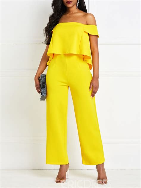 ericdress falbala off shoulder yellow wide legs slim jumpsuit jumpsuits for women long