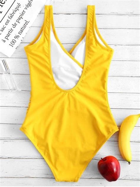 zaful ruched surplice one piece swimsuit bright yellow one piece swimsuit one piece swimsuits