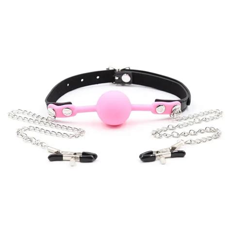 Ball Gag Silicone With Nipple Clamps BDSM Bondage Mouth Stuffed