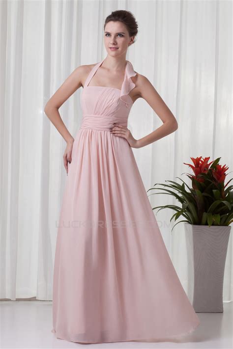 A Line Sleeveless Floor Length Ruched Halter Most Popular Long