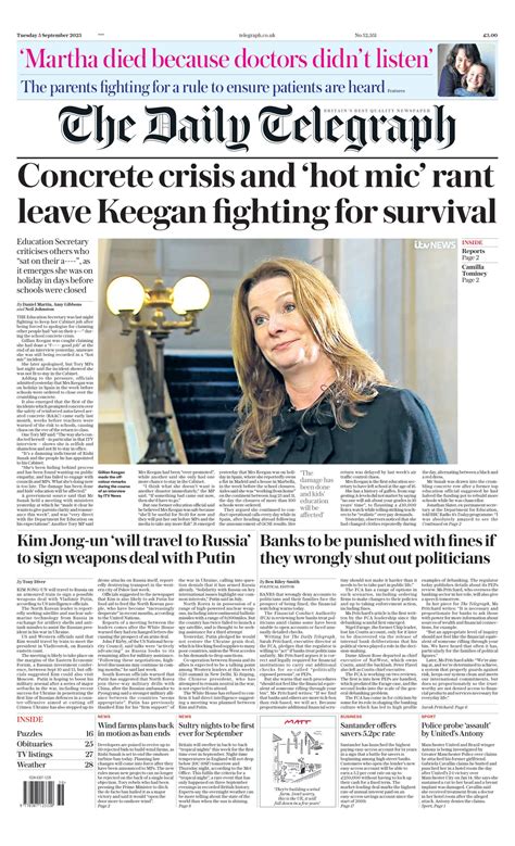 Daily Telegraph Front Page 5th Of September 2023 Tomorrow S Papers Today