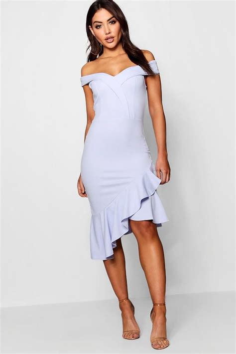 Off The Shoulder Ruffle Hem Midi Dress Boohoo Dresses Going Out