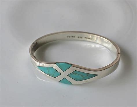 Vintage Inlay Turquoise Cuff Bracelet Sterling Silver Etsy Sterling