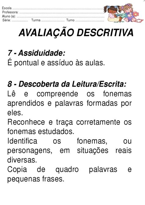 Avaliação Descritiva Educação Infantil Bncc
