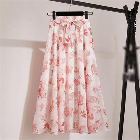 women s chiffon elastic high waist pleated a line flared bohemian flower print maxi skirts