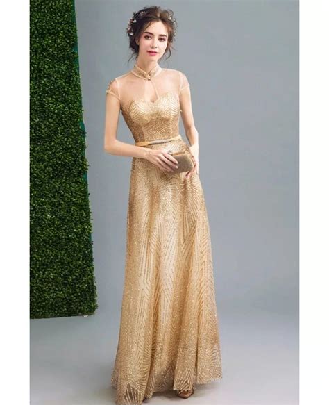 Inexpensive Vintage Gold Shiny Prom Formal Dress Long For Women
