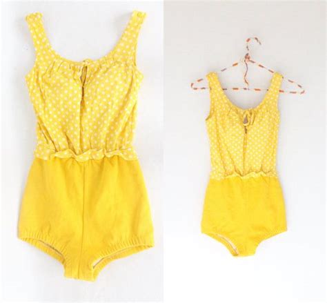 1960s Yellow Polka Dot Onepiece Bathing Suit Small Medium