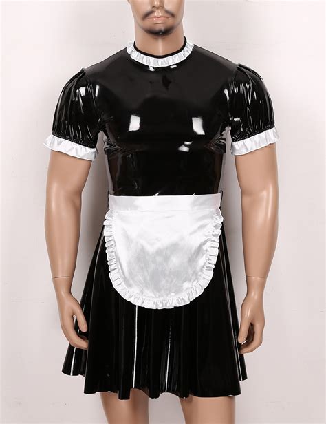 Männer Erwachsene Sissy Maid Kleider Cosplay Kostüm Set Wetlook Patent
