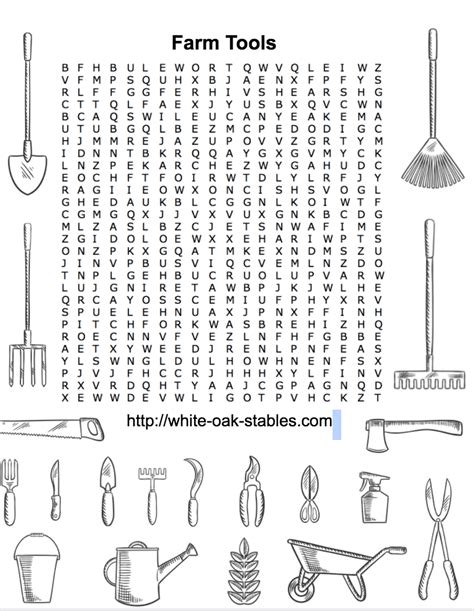 Farm Tools Word Search Activity Page White Oak Stables