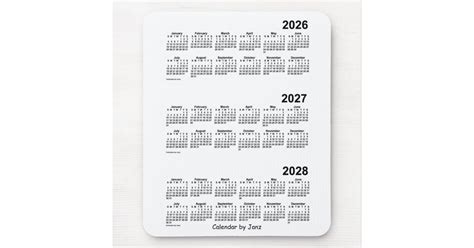 2026 2028 White 3 Year Calendar By Janz Mouse Pad Zazzle