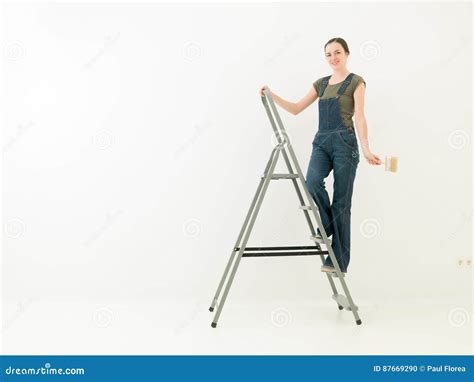 Thuiswerkmeisje Op Een Ladder Stock Foto Image Of Schaling Gelukkig