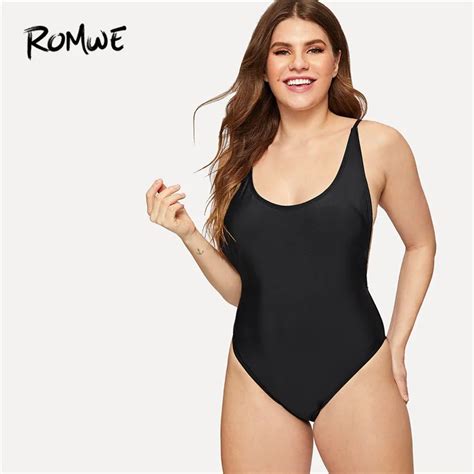 Romwe Sport Plus Size One Piece Suits Open Back Scoop Neck Wire Free Black One Piece Swimwear