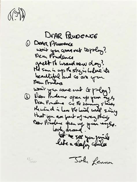 John Lennon Dear Prudence Limited Edition Hand Written Lyrics At 1stdibs Dear Prudence 2008